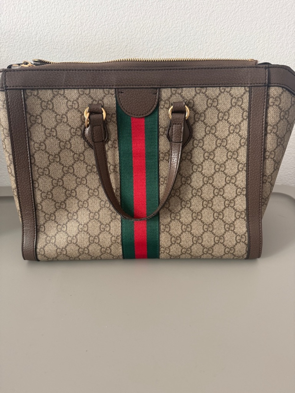Gucci Beige GG Canvas Tote with Green and Red Web Stripe